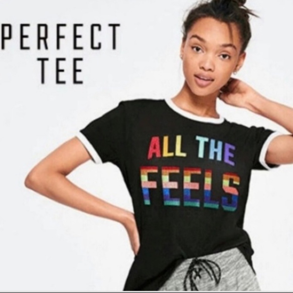 VS all the feels black ringer tee rainbow stitched
